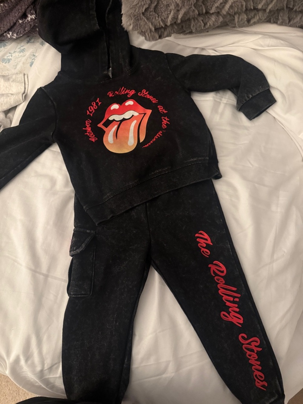 the Rolling Stones Black Hoodie & Joggers with Red and Orange Tongue Graphic